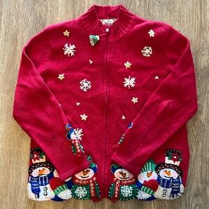 Tiara Vintage Red Christmas Snowman Zip Front Sweater Size Pettie Small